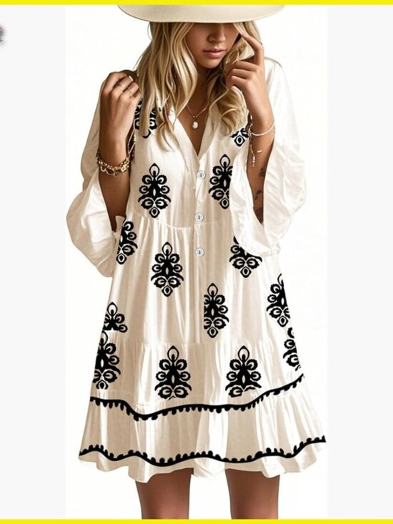 Dresses & Skirts - Flowy Ruffle 3/4 Sleeve V Neck Tiered Babydoll Boho Mini Dress Casual